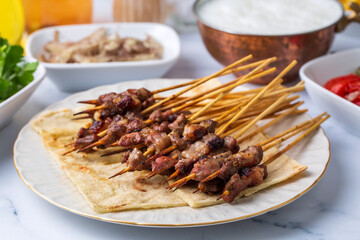 Traditional delicious Turkish foods; skewers cop sis