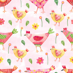 Easter seamless pattern with funny hens, little chickens and flowers on pink background. Spring design. Watercolor hand painted illustration