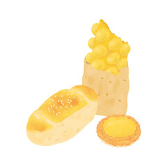 Hong Kong bakery icons egg tart cocktail bun and egg waffles on transparent background