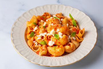 Tomato ravioli pasta or pipe rigate shaped pasta on the cheese