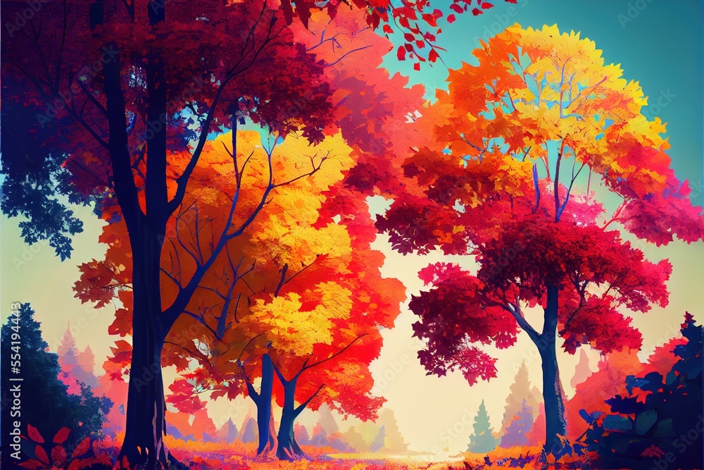 Poster 12-12-2022 riga, latvia a painting of a colorful forest with trees and leaves on the ground and a pa