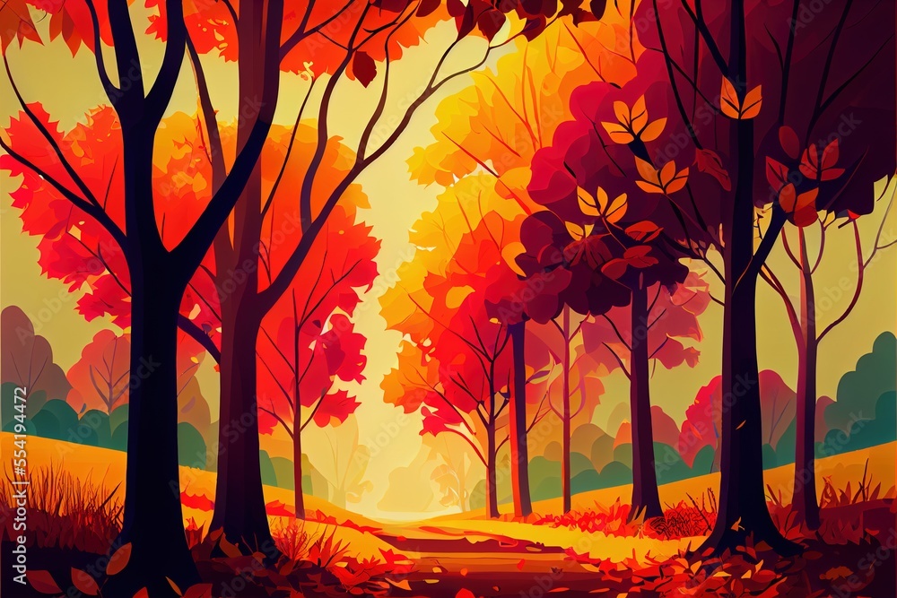 Poster 12-12-2022 riga, latvia a painting of a colorful autumn forest scene with a path leading through the