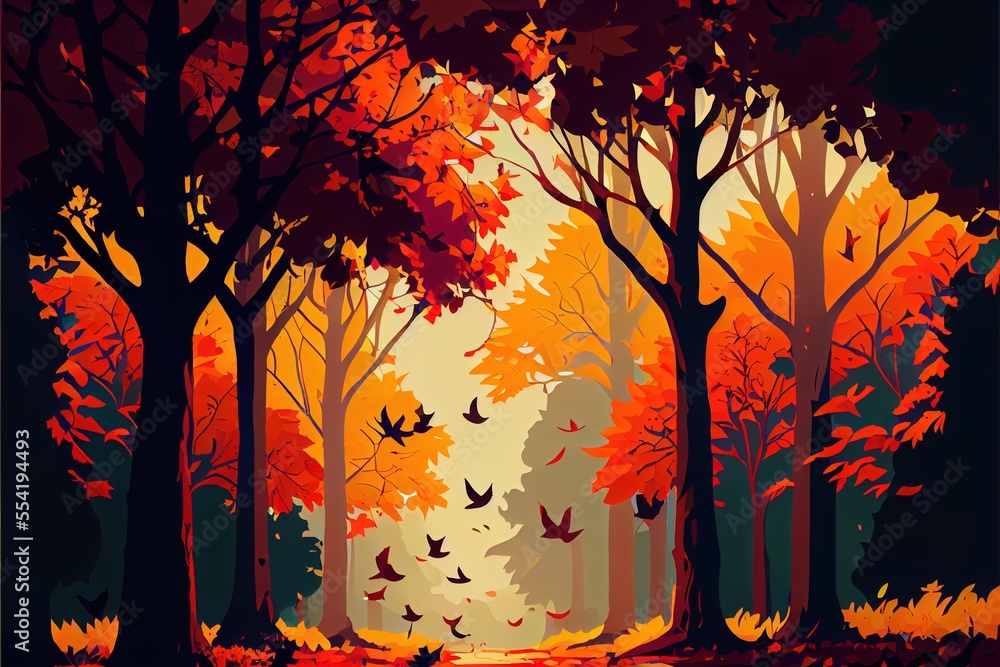 Poster 12-12-2022 riga, latvia a painting of a forest with lots of trees and birds flying around it in the 