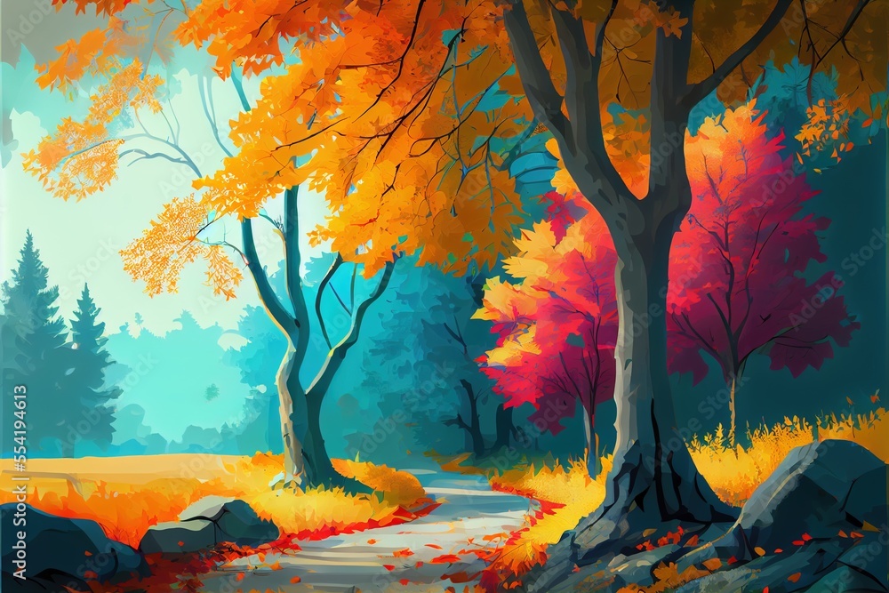 Poster 12-12-2022 riga, latvia a painting of a path through a forest with trees and rocks in the fall color