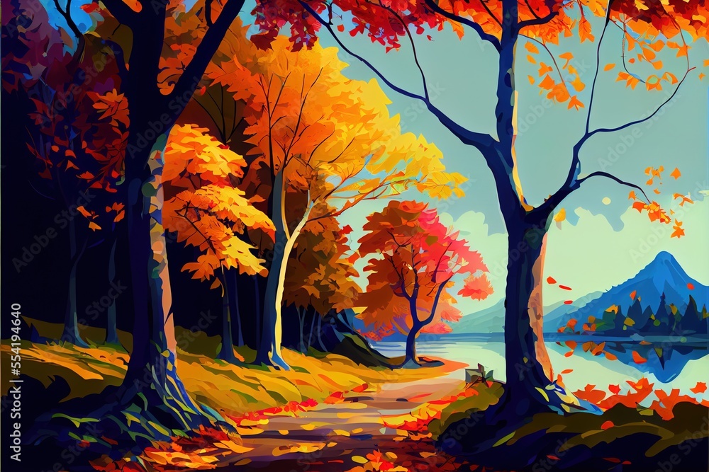 Poster 12-12-2022 riga, latvia a painting of a path through a forest with trees and a lake in the backgroun
