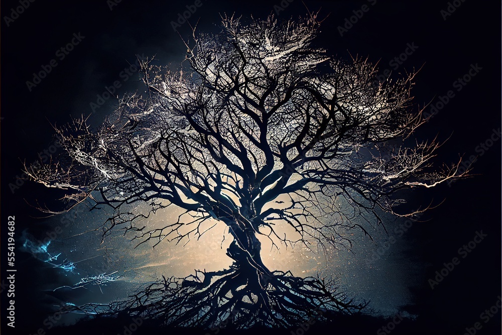 Poster 12-12-2022 riga, latvia a tree with no leaves and no leaves on it in the dark with a full moon in th