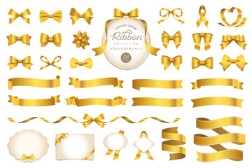 クラシックなリボンのあしらいとフレームのベクターイラストセット ゴールド　/ クリスマス、バレンタインデー、飾り、金