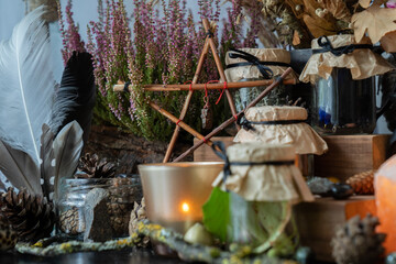 Wooden pentacle star. Magic items scene. Witchcraft objects background.