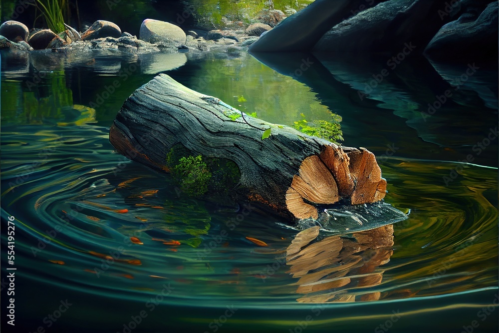 Poster 12-12-2022 riga, latvia a log in a body of water with a leaf on it's end and a rock in the backgroun