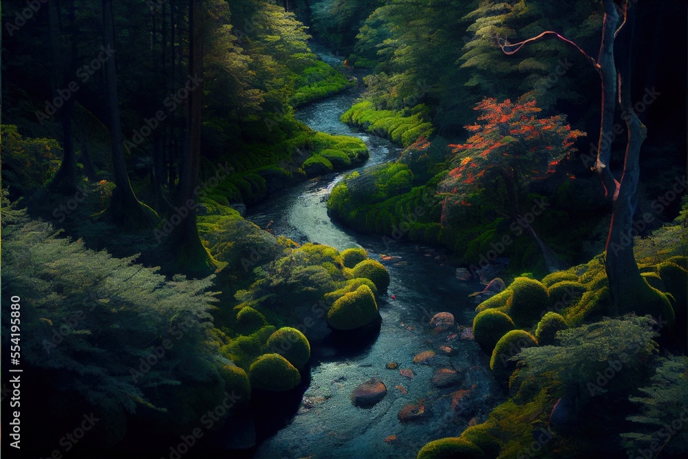 Poster a painting of a river running through a forest filled with trees and bushes. generative ai