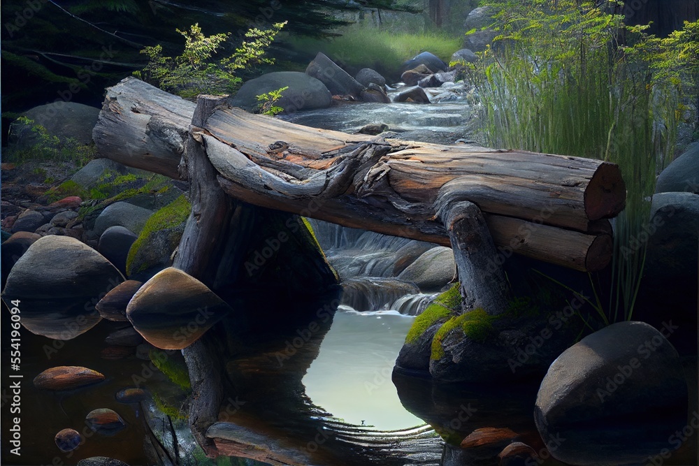 Poster a log laying on top of a river next to a forest filled with rocks and grass and a stream. generative