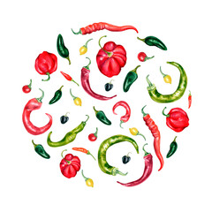 Circle of various hot peppers watercolor illustration isolated on white.