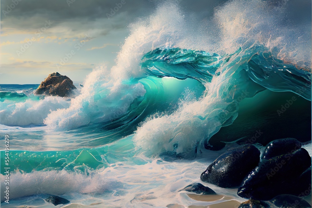 Poster a painting of a wave crashing over rocks on the beach with a rock in the foreground and a rock in th