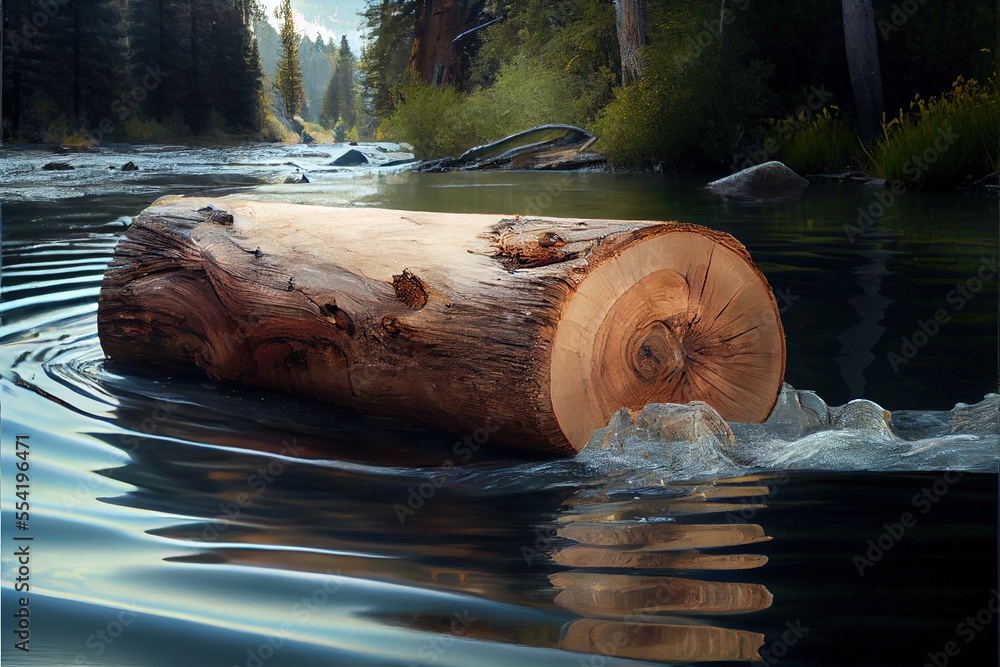 Poster 12-12-2022 riga, latvia a log is floating in a river with water around it and trees in the backgroun