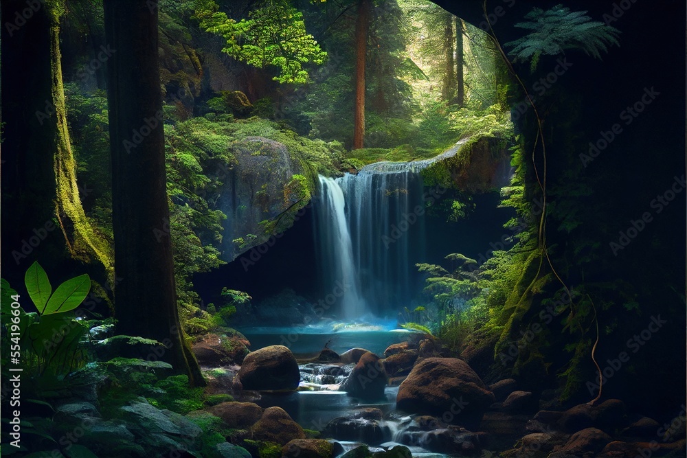 Poster 12-12-2022 riga, latvia a waterfall in a forest with rocks and trees around it and a stream running 