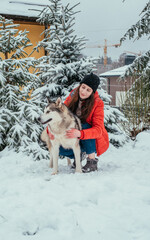 Fototapeta na wymiar girl and her cute alaskan malamute dog playing outdoors in the snow. Winter holidays concept