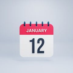 January Realistic Calendar Icon 3D Illustration Date January 12