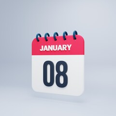 January Realistic Calendar Icon 3D Illustration Date January 08