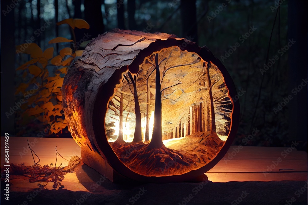 Poster 12-12-2022 riga, latvia a sculpture of a forest with trees and a light at the end of it's tunnel. ge