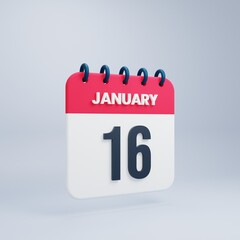 January Realistic Calendar Icon 3D Illustration Date January 16