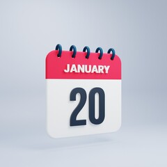 January Realistic Calendar Icon 3D Illustration Date January 20