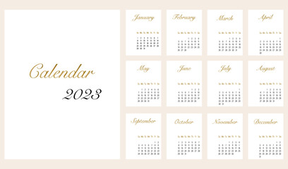 Calendar 2023. Set of 12 pages. Minimalist style. Golden inscriptions. Vector illustration