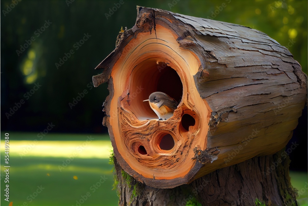 Poster 12-12-2022 riga, latvia a bird is sitting in a hollow of a tree trunk with a hole in it's center and