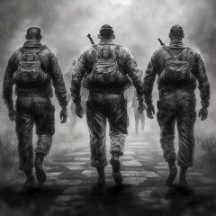 Three soldiers walk across a square. Illustration not based on original image, character or person