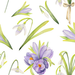 Fototapeta na wymiar Watercolor hand drawn seamless pattern with spring flowers, crocus, snowdrops, leaves, stems. Isolated on color background Design for invitations, wedding, greeting cards, wallpaper, print, textile.