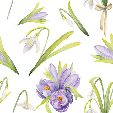Watercolor hand drawn seamless pattern with spring flowers, crocus, snowdrops, leaves, stems. Isolated on color background Design for invitations, wedding, greeting cards, wallpaper, print, textile.