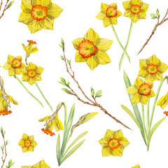 Naklejka na ściany i meble Watercolor hand drawn seamless pattern with spring flowers, daffodils, leaves, stems, branches. Isolated on white background Design for invitations, wedding, greeting cards, wallpaper, print, textile.