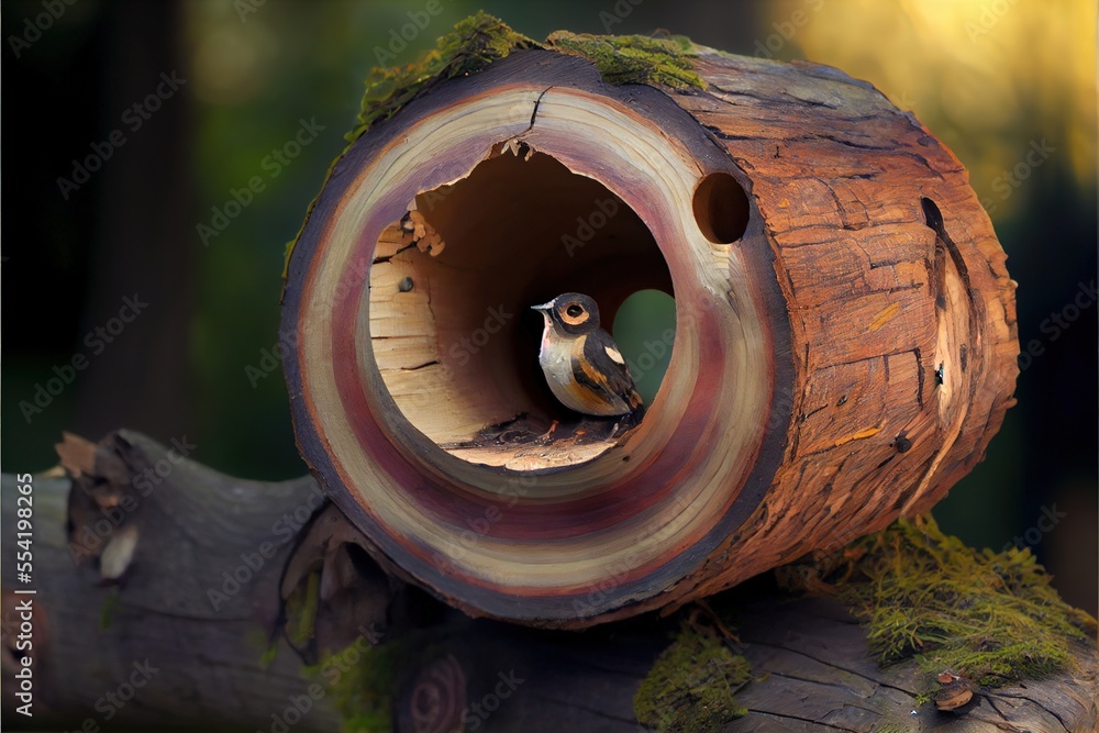 Poster 12-12-2022 riga, latvia a bird is sitting in a hollow in a tree trunk with moss growing on it's side