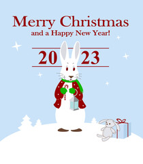 Christmas card 2023, banner "Merry Christmas and New Year" with a rabbit holding presents. A hare with a flashlight. Flat design. Vector illustration.