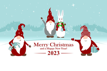 Christmas card 2023, banner "Merry Christmas and Happy New Year" with cute Christmas gnomes and rabbit with lantern standing on ice rink with mountain landscape and starry sky. Flat design. Vector ill