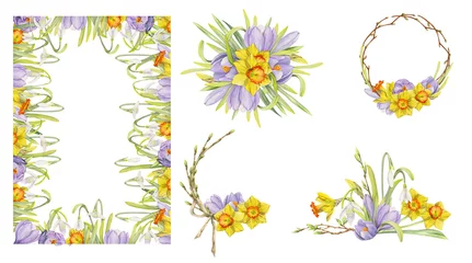 Foto op Plexiglas anti-reflex Watercolor hand drawn composition with spring flowers, crocus, snowdrops, daffodils, bow, gift tag. Isolated on white background. For invitations, wedding, greeting cards, wallpaper, print, textile. © Elena