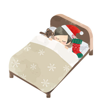 クリスマスの夜に枕元に靴下を置いて眠る女の子