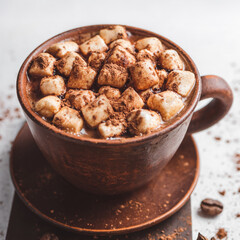 Hot chocolate drink with marshmallows in a cup and sweet bakery eclair dessert sprinkled with cocoa powder on white table