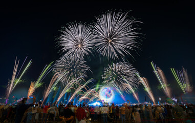 Crowd celebrating and watching fireworks 