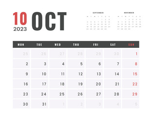 Monthly Calendar Template of october 2023. Vector simple gray grid layout for wall or desk calendar with week start on Monday for print