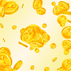 Japanese yen coins falling. Scattered gold JPY