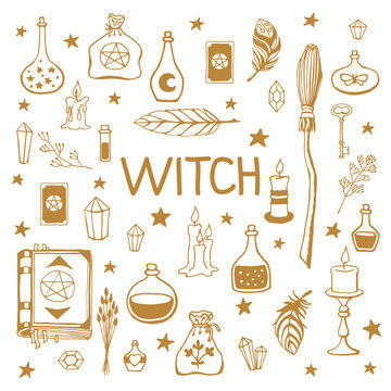 Witchcraft, magic background for witches and wizards. Hand drawn magic tools, concept of witchcraft.