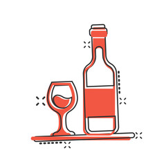 Wine glass and bottle icon in comic style. Champagne beverage cartoon vector illustration on isolated background. Cocktail drink splash effect sign business concept.