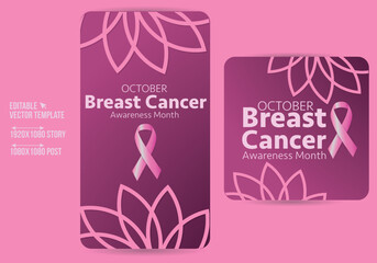 Breast cancer social media post and story template design collection. Editable modern banner with pink background and ribbon. Usable for social media post, banner, card, and website.
