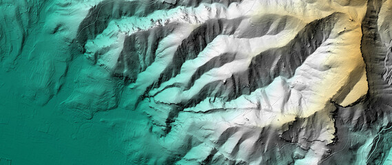 Concept de fond - Erosion - Vue aérienne de paysage vallonné territoire montagneux - Rendu 2d modèle numérique de terrain avec colorisation hypsométrique