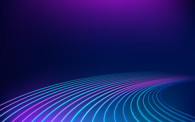 Abstract wallpaper of blue and purple lines trails with motion blur effect in the dark, texture of neon light, cover background. Technology dynamic concept of energy speed road for banner or flyer.