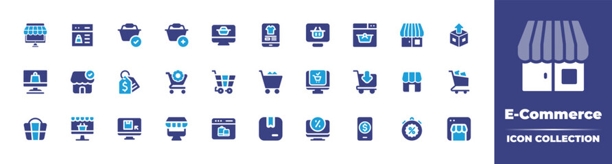 E-Commerce icon collection. Duotone color. Vector illustration. Containing ecommerce, basket, shop, cardboard box, online shopping, official store, price tag, cart, shopping cart, buying, and more.