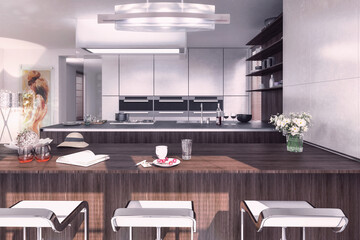 Moderne Einbauküche mit Kochinsel und integrierter Esstheke - 3D Visualisierung
