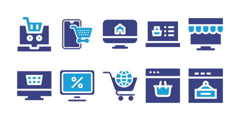 E-Commerce icon set. Duotone color. Vector illustration. Containing shopping cart, e commerce, ecommerce, online shop, shopping online, computer, sale.