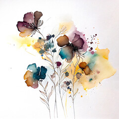 Wild flowers, loose watercolour illustration on white background. Created with generative AI technology.