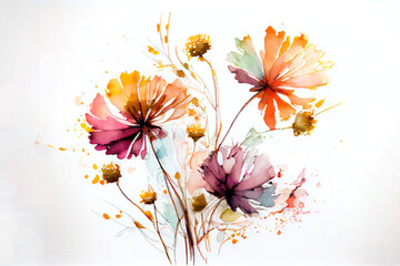 Watercolour illustration with wild flowers on a white paper texture background, with colourful splashes. Created with generative AI technology.